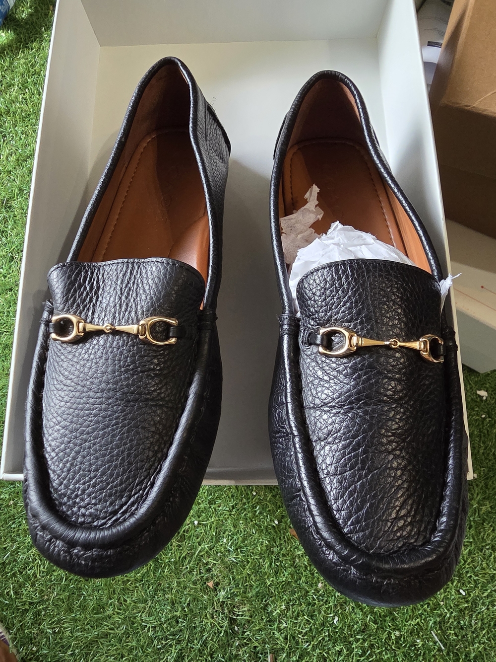 Coach Black Pebble Leather Women's Moccasin Loafers with Gold Bit